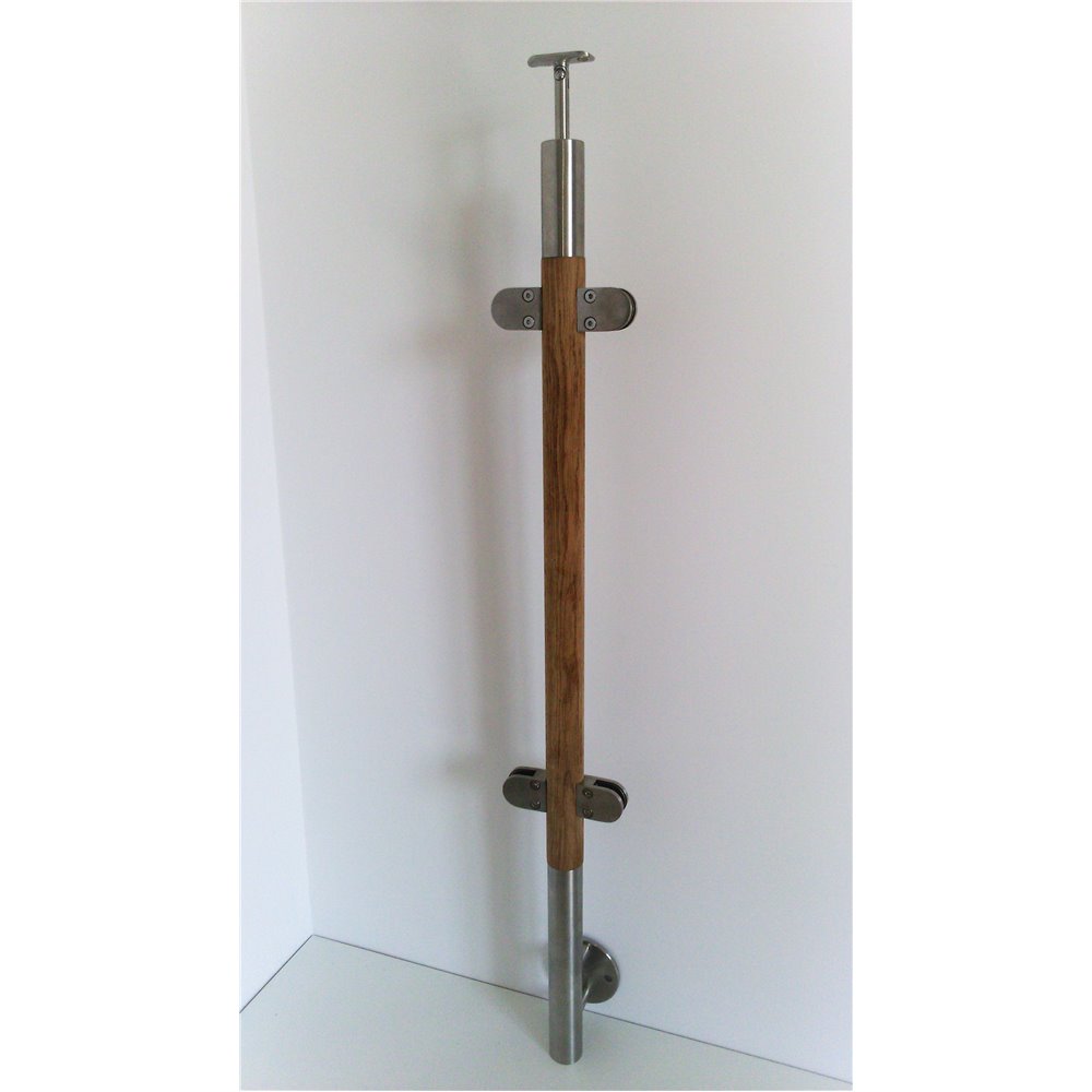Słupek stal nierdzewna-drewno 42,4mm - 4 uchwyty do szkła (mocowanie boczne)