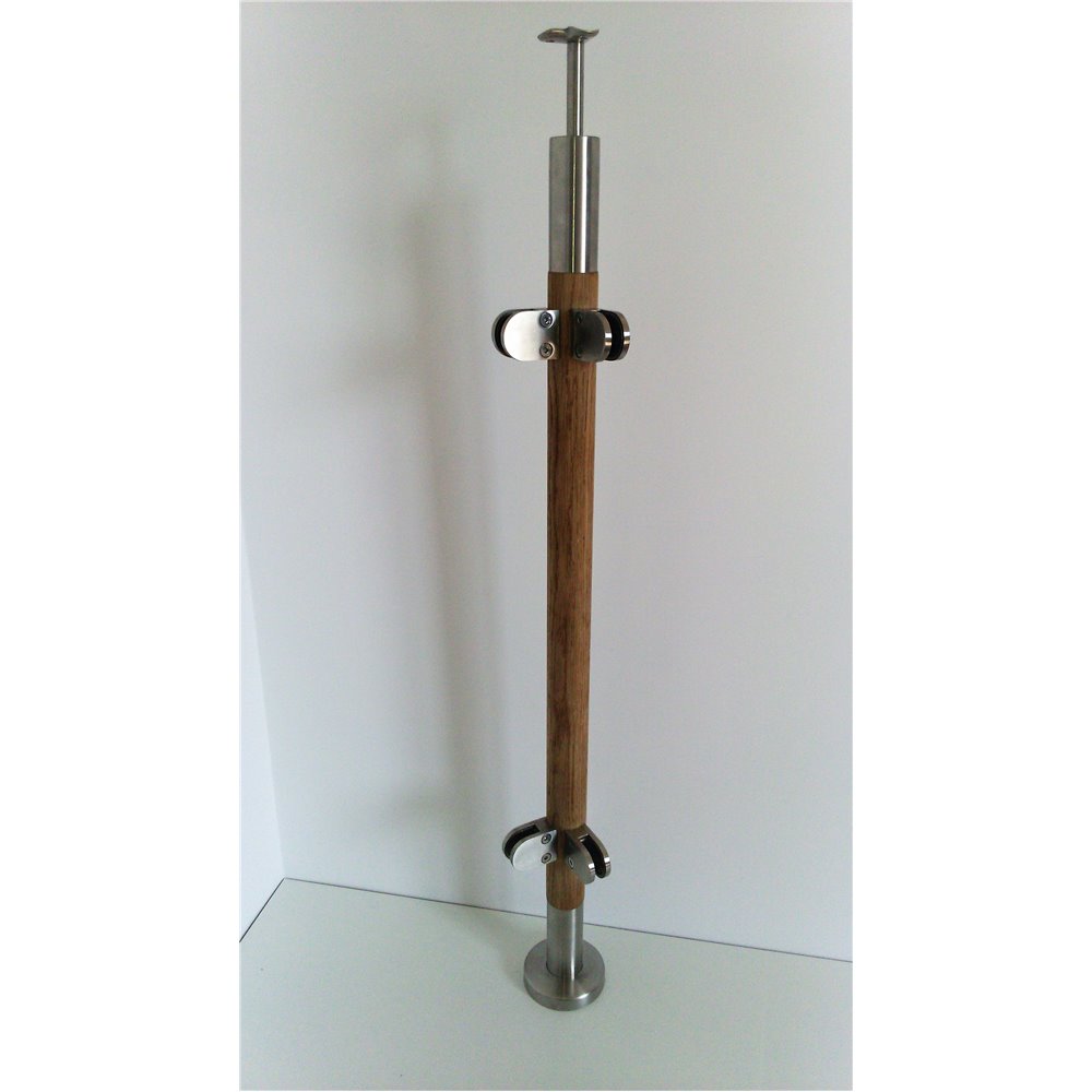 Słupek narożny stal nierdzewna-drewno 42,4mm - 4 uchwyty szkła (mocowanie płaskie)